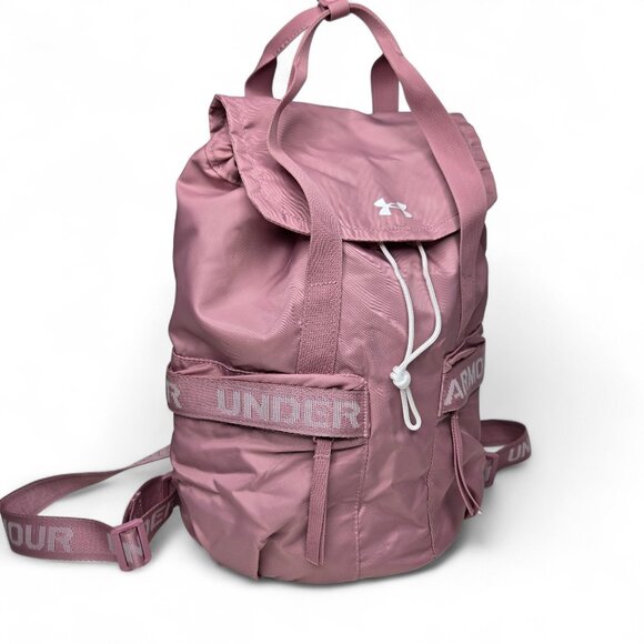 Under Armour Favorite Back Pack Women's Pink Cinch Flap Canvas Strap Spell Out - Picture 1 of 8